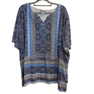 Catherines Blue Brown Geometric Print Rhinestone Accent Tee Shirt Plus Size 3X